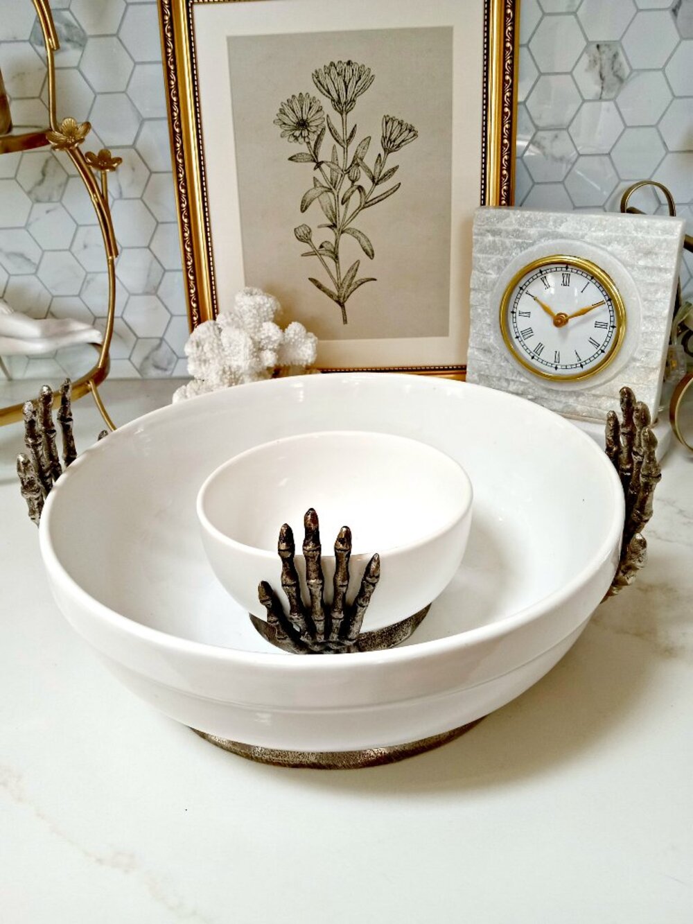 2 PC EXQUISITE SKELETON HANDS X LARGE BOWL & Dip BOWL